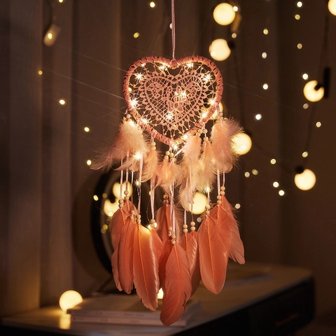 Heart Shaped Dream Catcher With Glowing LED Lighting Feather Wooden Bead Lace Bohemian Wall Hanging Home Room Decor Gift