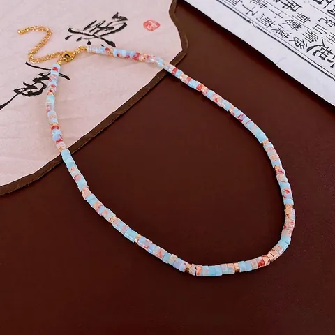 Shoushan Stone Beaded Necklace Retro Cylindrical Beads Clavicle Chain With Metal Spacers For Women Fashion Jewelry