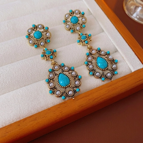 Vintage Bohemian Drop Earrings With Turquoise Stones Artificial Pearls Antique Gold Alloy Silver Earring Post