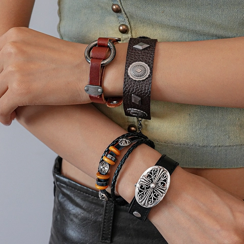 Pulsera De Cuero Multicapa Vintage Punk Trenzada Tejida Cuentas De Madera Aleación Cruz Flor Encanto Joyería Retro Mujer Hombre