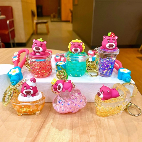 Llavero Luminoso Oso Dibujos Animados Botella de Arena Movediza Líquida Colgante Con Correa de Silicona Campana Adorno de Bolso Decorativo Para Mujeres Niños