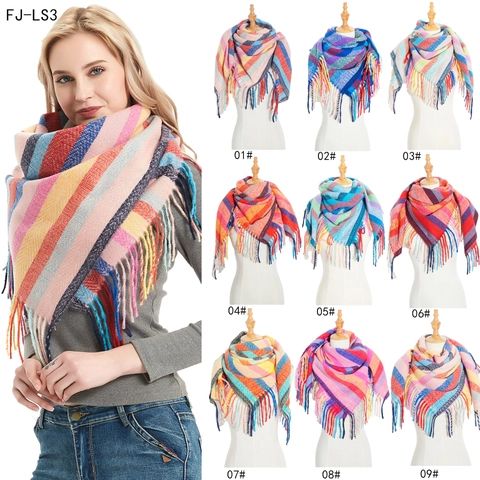 Warm Winter Brushed Striped Plaid Square Scarf For Women Soft Polyester Fringed Shawl Wrap Large Fashion Scarf Daily Accessory
