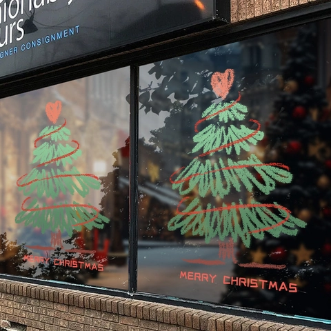 Christmas Tree Window Sticker Static Cling PVC No Glue Glass Door Decals Merry Christmas Shop Decor Doodle Style