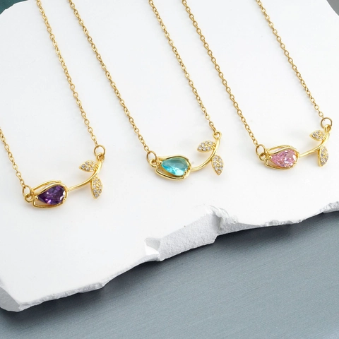 Collana Con Pendente A Tulipano Acciaio Al Titanio Rame Placcato Oro Con Zirconia Cubica Colorata Gioielli Per Donne