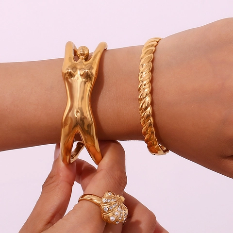 Female Body Torso Open Cuff Bangle 316L Stainless Steel 18K Gold Plated Artistic Silhouette Statement Jewelry For Women