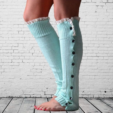 Women Leg Warmers Acrylic Ribbed Knit Long Boot Cuffs With Lace Trim And Buttons JK Style Winter Warm