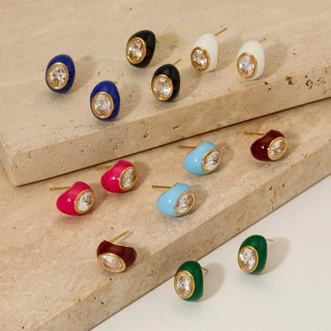 Vintage Oval Stud Earrings For Women Stainless Steel With Colorful Enamel And Cubic Zirconia Fashion Jewelry Gift