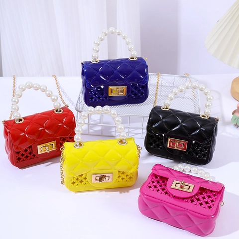 Mini Jelly Umhängetasche PVC Gesteppt Lochmuster Design Mit Kunstperlengriff Und Metallkette Für Damen