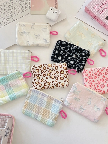 Mini Coin Purse Portable Canvas Zipper Storage Bag For Lipstick Earphone Printed Cat Leopard Pattern For Women Girls