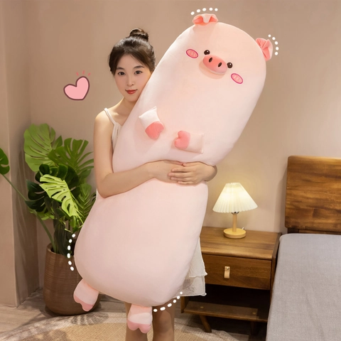 Cute Piggy Plush Body Pillow Long Soft Pink Stuffed Animal Squinting Round Eyes Sleeping Cushion Gift For Kids Girls