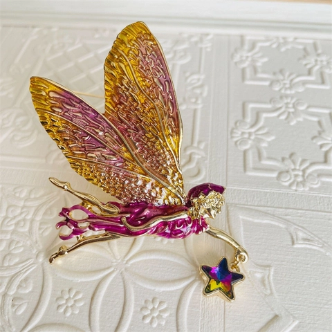 Vintage Fee Engel Emaille Brosje Pin Goud Legering Paars Roze Gradiënt Vleugels Ster Hanger Strass Brosjes Voor Dames