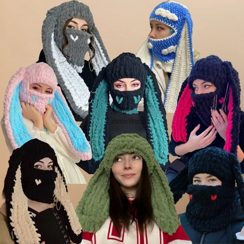 Passamontagna a Uncinetto con Orecchie di Coniglio Cappello in Maglia con Orecchie Lunghe Invernale Caldo Donna Moda Cuffia