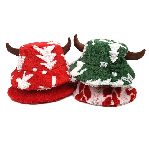 Funny Plush Bucket Hat With Horns Warm Faux Fur Fisherman Cap For Women Winter Christmas Party Novelty Accessories