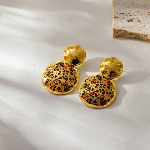 European American Retro Stainless Steel Leopard Print Earrings 18K Gold Plated Geometric Stud Earrings For Women Jewelry