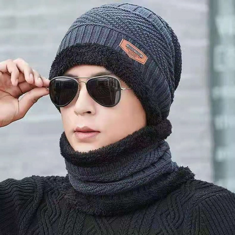 Men Winter Warm Knit Beanie Hat And Neck Scarf Set Fleece Lined Thermal Skull Cap Snood Outdoor Windproof Hat Set