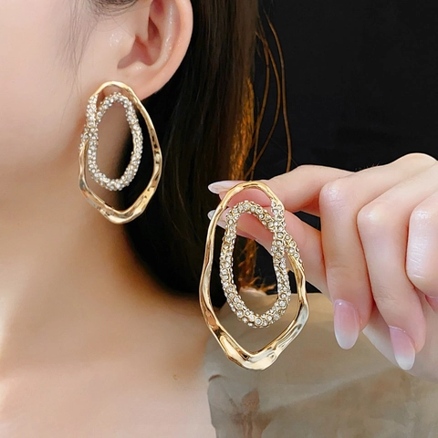 Double Layer Irregular Oval Earrings Alloy With Rhinestones And Silver Earring Post Gold Plated Fashion Jewelry For Women