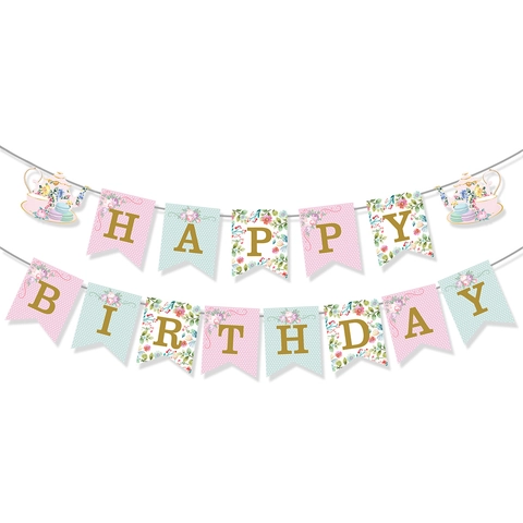 Floral Happy Birthday Banner Tea Party Decorations Pink Blue Vintage Garden Party Paper Bunting For Girls Women Birthday Party Supplies