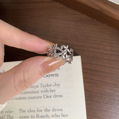 Anello In Argento Sterling 925 Vintage Design Regolabile Aperto Foglia Fiore Traforato Fascia Ossidata Retro Gioielli