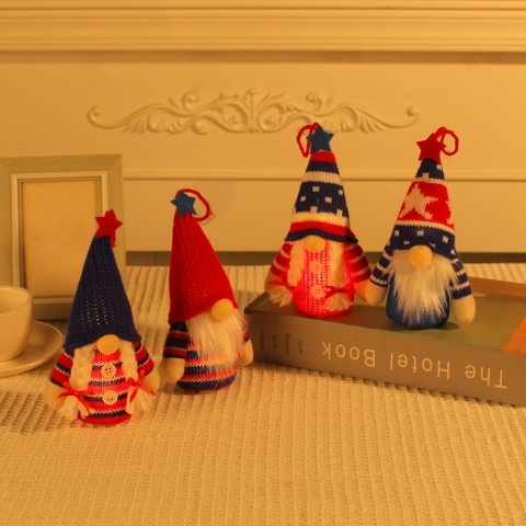LED Independence Day Gnomes Ornaments 4th Of July Patriotic Faceless Plush Dwarf Hanging Decorations Red White Blue Knitted Star Gnome Doll Gift