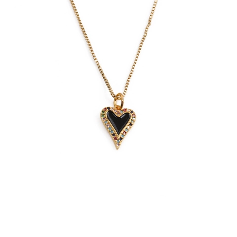 Heart Pendant Necklace Copper Colorful Cubic Zirconia Black Enamel Vintage Style For Women Gold Plated
