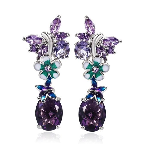 Eleganti Orecchini a Pendente in Rame a Forma di Farfalla e Fiore Con Zirconia Viola Ovale e Dettagli in Smalto Gioielli Vintage per Donna