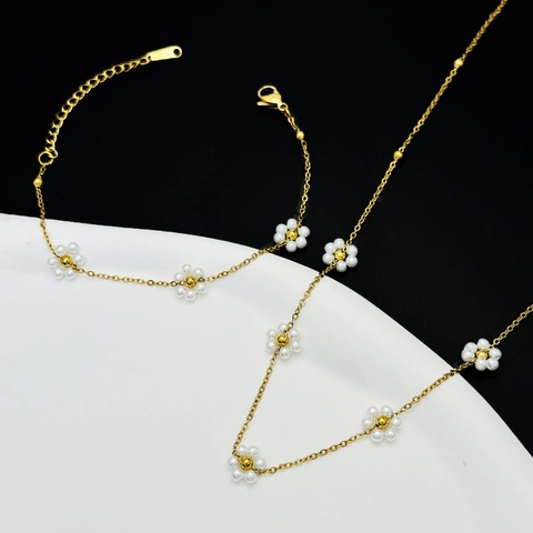 Collana E Bracciale In Acciaio Inossidabile Da Donna Elegante Pendente A Fiore Di Perla Artificial Catena Regolabile Stile Francese Accessorio