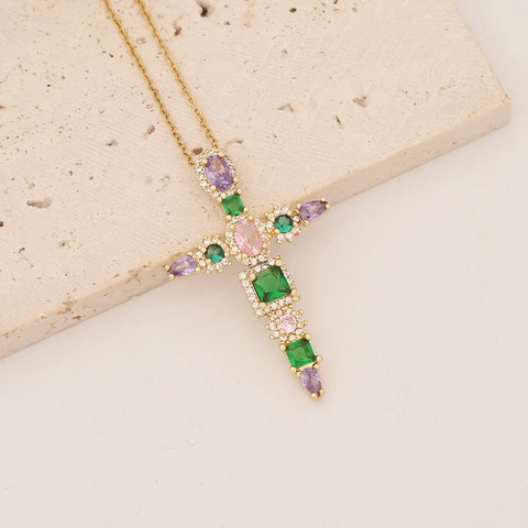 Cross Pendant Necklace Copper 18K Gold Plated Micro Inlaid Zircon Colorful Gemstone Artificial Pearl Clavicle Chain Jewelry For Women