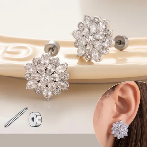 Orecchini A Lobo A Fiore Con Zirconi E Chiusura A Vite In Acciaio Al Titanio Gioielli Piercing Per Donna