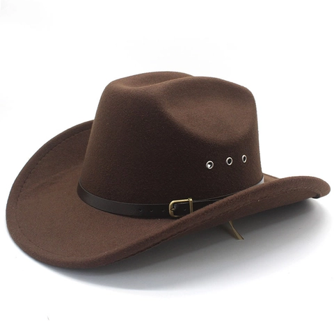 Western Cowboy Hat Wide Brim Cotton Polyester Felt Retro Ethnic Style Outback Jazz Fedora With Belt Buckle Metal Eyelets