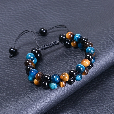 Natural Tiger Eye Obsidian Hematite Double Layer Beaded Bracelet Handmade Adjustable Woven Cord Protection Jewelry Men Women