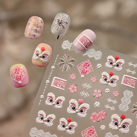 Autocollants Art Des Ongles Gaufrés 5D Style Chinois Danse Du Lion Nouvel An Rose Estampage Doré Décoration Manucure