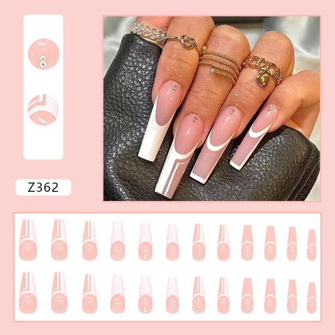 Uñas Postizas Largas Coffin Press On Rosa Blanco French Tip Línea Geométrica Diamantes Resina Para Mujeres