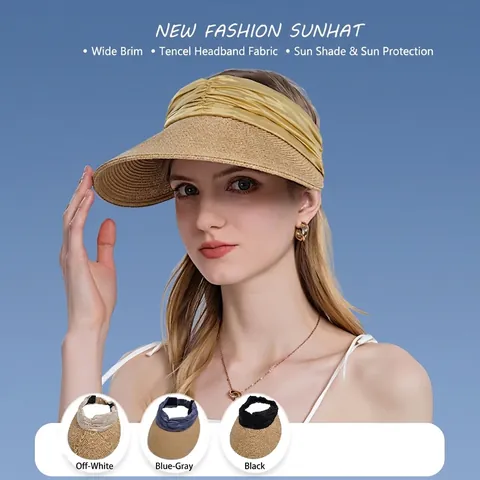 Damen Stroh Sonnenblende Hut Mit Breiter Krempe Atmungsaktiv Oben Offen Sommer Strand UV-Schutz Modisches Plissee-Design