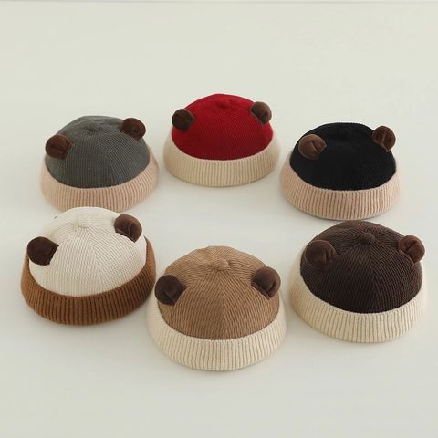 Berretto Senza Tesa Bambini Orecchie Di Orso Patchwork Velluto A Coste Maglia Caldo Inverno Per Bambini Ragazzi Ragazze