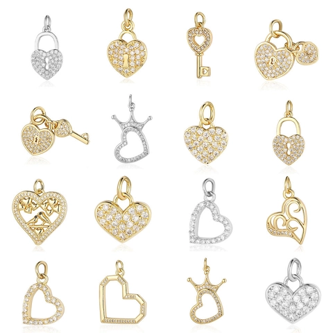 Heart Lock And Key Pendant Copper Cubic Zirconia Charm For DIY Jewelry Making Romantic Simple Style Women Accessory