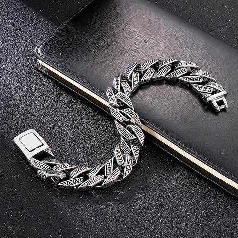 Men 316L Stainless Steel Cuban Chain Bracelet Vintage Distressed Greek Key Meander Pattern Retro Jewelry