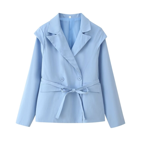 Dames Casual Blazer met Riem Lange Mouwen Effen Kleur Double-breasted Reverskraag Elegante Forens Stijl Pakjas Bovenkleding