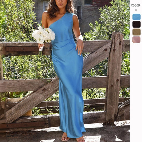 Single Shoulder Satin Maxi Dress High Slit Elegant Evening Party Bodycon Sexy Solid Color Women Formal Gown