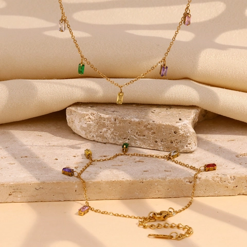 Ensemble Collier de Clavicule et Bracelet en Acier Inoxydable Avec Pendentif Zirconia Rectangulaire Multicolore Bijoux Femme