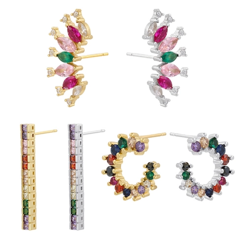 Luxury Colorful Cubic Zirconia Earrings 18K Gold Plated Brass Fan Geometric Bar C Shaped Fashion Jewelry For Women