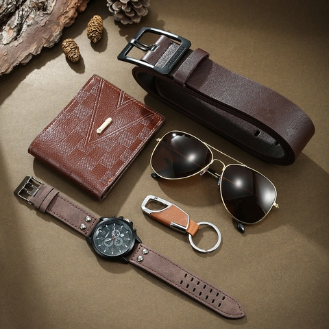 Hombre Business Casual Cuero Reloj Cuarzo Gafas Aviador Cartera Cuadros Cinturón Llavero Estilo Profesional Clásico