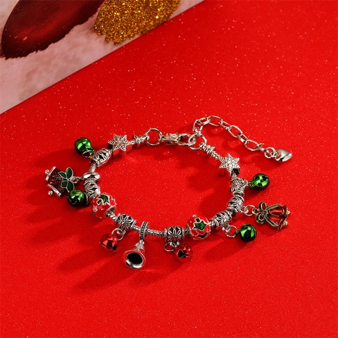 Bracciale Con Ciondoli Natalizi Lega Smalto Perline Rosse Verdi Campanelli Fiocchi Di Neve Catena A Serpente Regolabile