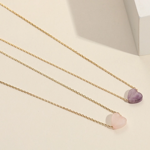 Heart Pendant Necklace Copper 14K Gold Plated Natural Stone Amethyst Rose Quartz Minimalist Jewelry For Women