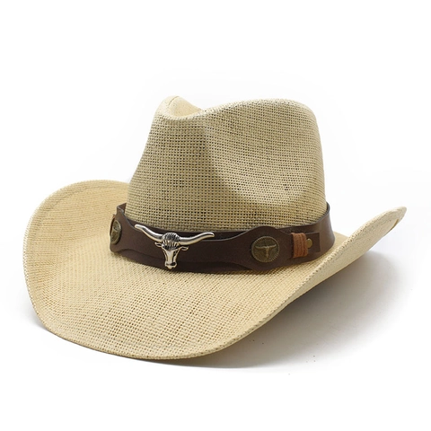 Western Cowboy Straw Hat With Faux Leather Band Metal Bull Head Wide Brim Sun Protection Vintage Woven Sun Hat Unisex