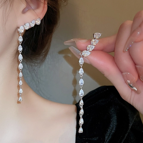 Orecchini Pendenti Con Nappa Goccia Acqua Zircone E Perno In Argento Sterling 925 Gioielli Lusso Eleganti Donna
