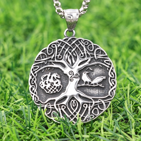 Viking Tree Of Life Pendant Necklace Stainless Steel Nordic Mythology Yggdrasil Celtic Raven Crow Dragon Vintage Jewelry