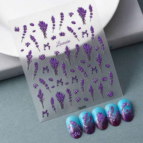 Lavender 5D Embossed Nail Art Stickers Waterproof Purple Flower Floral Bow Design DIY Manicure Decoration