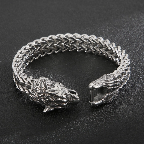Wolf Head Bracelet Men Vintage Stainless Steel Double Layer Braided Chain Viking Punk Jewelry Antique Silver