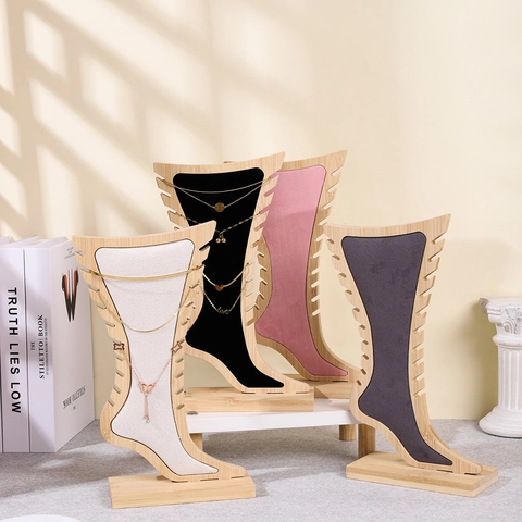 Bamboo Wooden Necklace Display Stand Velvet Foot Shape Jewelry Holder Desktop Storage Rack For Anklet Bracelet