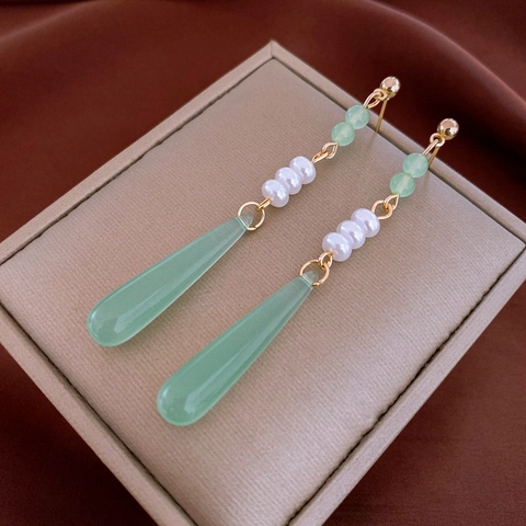 Teardrop Dangle Earrings With Green Resin Imitation Artificial Pearl And 925 Sterling Silver Earring Post Elegant For Women